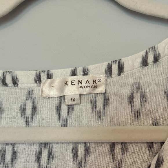Kenar Tunic Top Woman Plus Size 1X White Geometric 1/2 Button Linen Blend Pocket - Picture 5 of 10